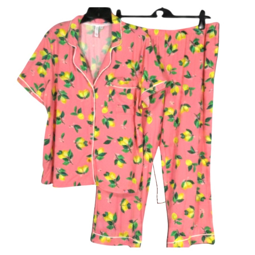 JOYSPUN Pink LEMON PRINT Floral BUTTON-UP Lounge PAJAMA TOP/CAPRI Sz XL/16-18